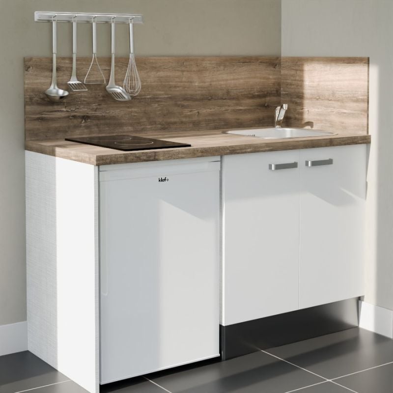 Kitchenette K17L-PT - 140 cm avec plan de travail et évier - Façade Blanc - Plan Bois - Evier Inox - Crédences Oui