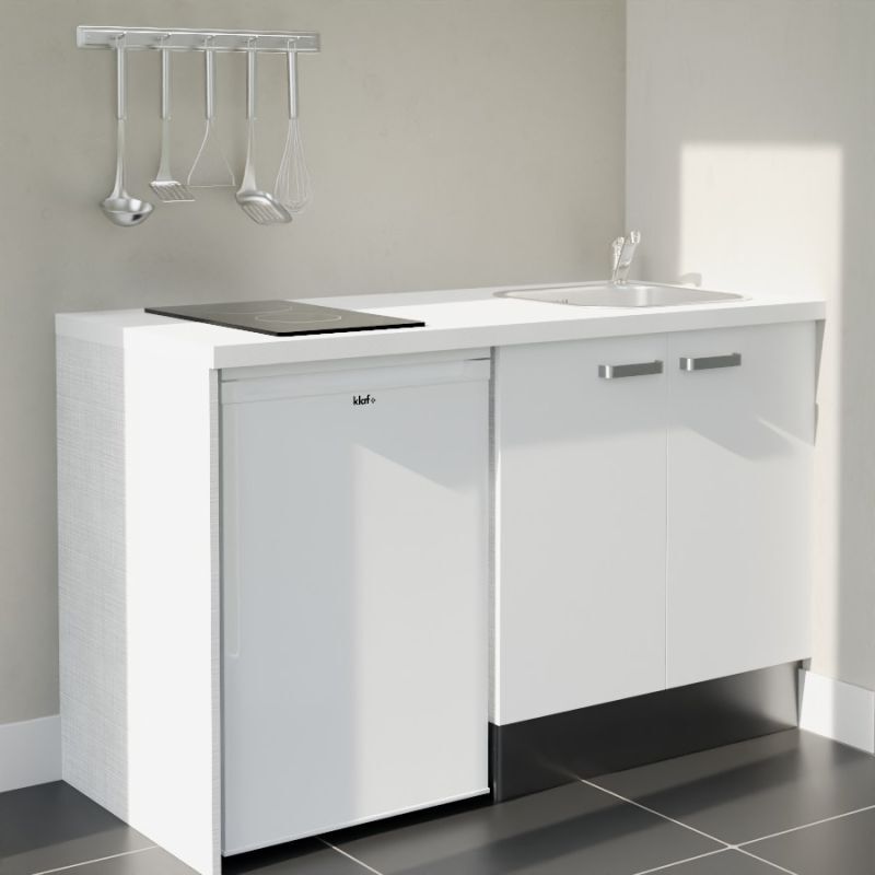 Kitchenette K17L-PT - 140 cm avec plan de travail et évier - Façade Blanc - Plan Blanc - Crédences Non