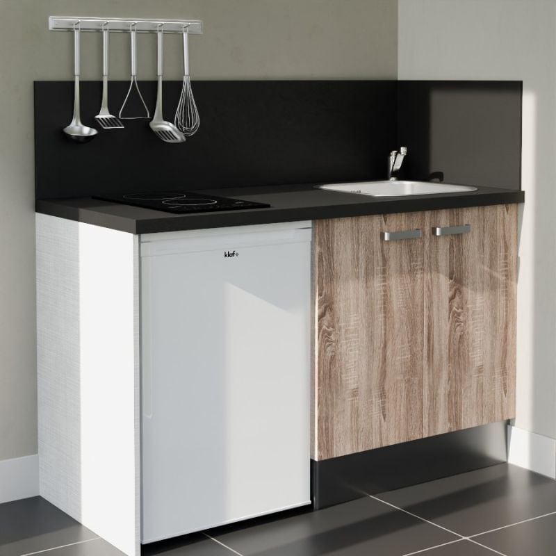 Kitchenette K17L-PT - 140 cm avec plan de travail et évier - Façade Bois - Plan Noir - Evier Inox - Crédences Oui