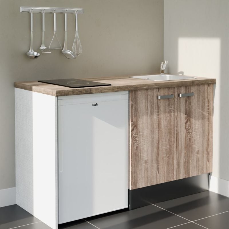 Kitchenette K17L-PT - 140 cm avec plan de travail et évier - Façade Bois - Plan Bois - Evier Inox - Crédences Non