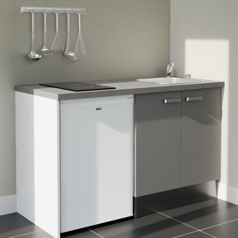 Kitchenette K17L-PT - 140 cm avec plan de travail et évier - Façade Gris - Plan Gris - Evier Inox - Crédences Non