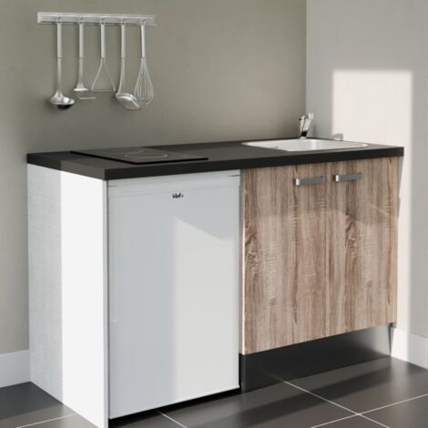 Kitchenette K17L-PT - 140 cm avec plan de travail et évier - Façade Bois - Plan Noir - Evier Inox - Crédences Non