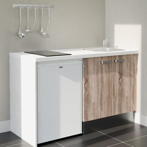 Kitchenette K17L-PT - 140 cm - plan stratifié, évier inox, - Façade Bois - Plan Blanc - Crédences Non + Electroménager inclus coloris Blanc
