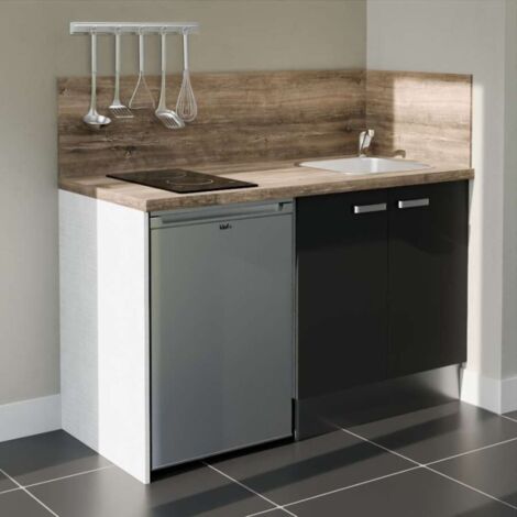 Kitchenette K17L-PT - 140 cm - plan stratifié, évier inox, - Façade Noir - Plan Bois - Evier Inox - Crédences Oui + Electroménager inclus coloris Inox