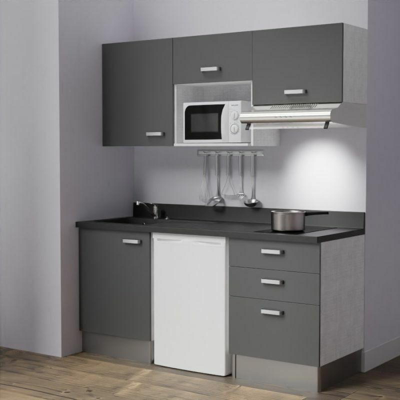 Kitchenette K20L - 180 cm - emplacements frigo, micro-ondes et hotte-Gris-Nero-évier à gauche