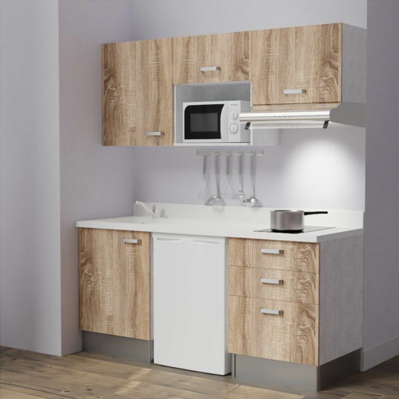 Cuisibane - Kitchenette K20L - 180 cm - emplacements frigo, micro-ondes et hotte-Bois-Snova-évier à gauche