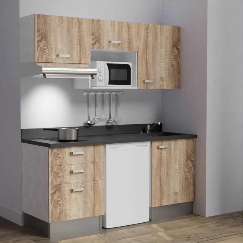 Kitchenette K20L - 180 cm - emplacements frigo, micro-ondes et hotte-Bois-Nero-évier à droite
