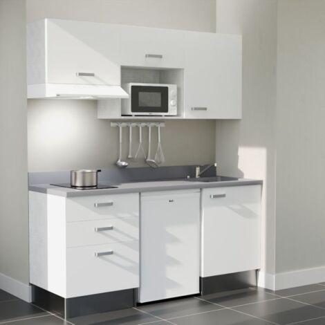 Kitchenette K20L - 180 cm - plan monobloc évier intégré Cromo- évier à droite - Façades Blanc + Electroménager inclus coloris Blanc