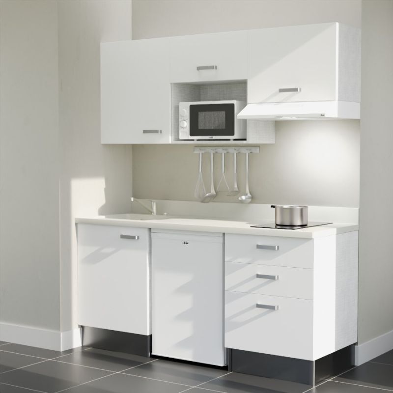 Kitchenette K20L - 180 cm - plan monobloc évier intégré Snova- évier à gauche - Façades Blanc + Electroménager inclus coloris Blanc