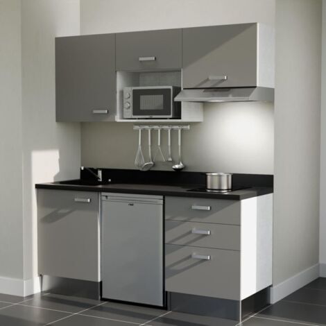 Kitchenette K20L - 180 cm - plan monobloc évier intégré Nero- évier à gauche - Façades Gris + Electroménager inclus coloris Inox
