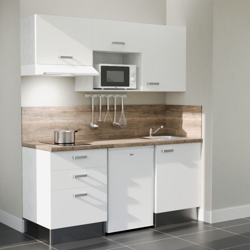 Kitchenette K20L-PT - 180 cm avec plan de travail et évier - Façade Blanc - Plan Bois - Evier Inox - Crédences Oui