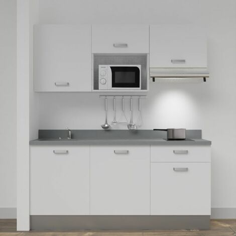 Kitchenette K30L - 180 cm - emplacements micro-ondes et hotte-Blanc-Cromo-évier à gauche