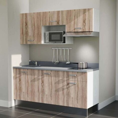 Kitchenette K30L - 180 cm - plan monobloc évier intégré Cromo- évier à gauche - Façades Bois + Electroménager inclus coloris Inox