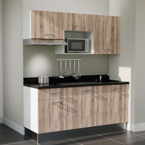 Kitchenette K30L - 180 cm - plan monobloc évier intégré Nero- évier à droite - Façades Bois + Electroménager inclus coloris Inox