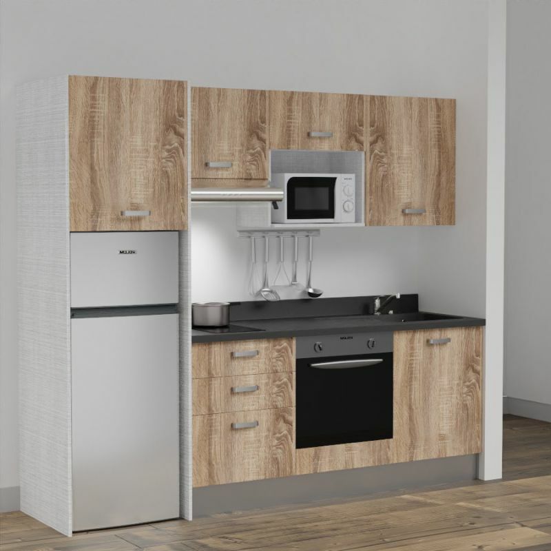 Kitchenette K37L - 240 cm - emplacements four, micro-ondes, hotte et frigo-Bois-Nero-évier à droite