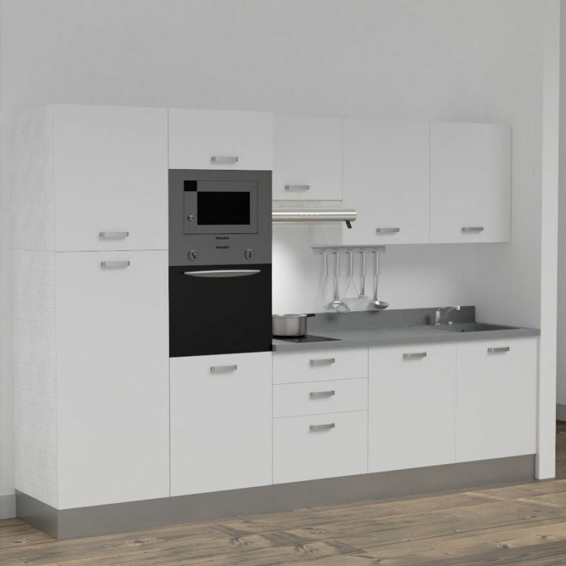 Cuisibane - Kitchenette K46L - 300 cm - emplacements four, micro-ondes et hotte-Blanc-Cromo-évier à droite