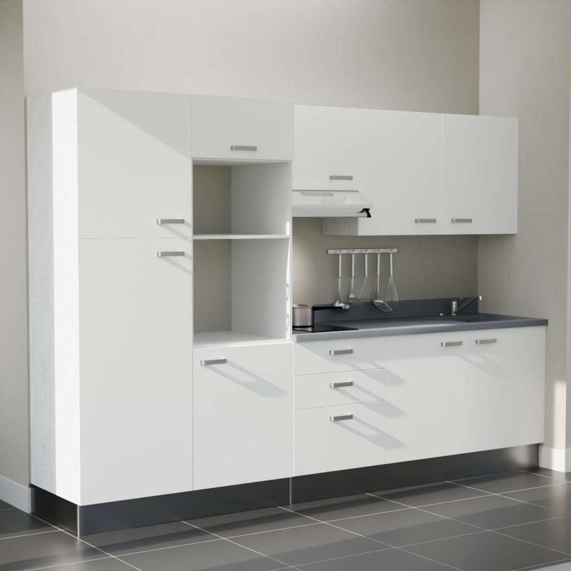 Kitchenette K46L - 300 cm - plan monobloc évier intégré Cromo- évier à droite - Façades Blanc + Electroménager inclus coloris Inox
