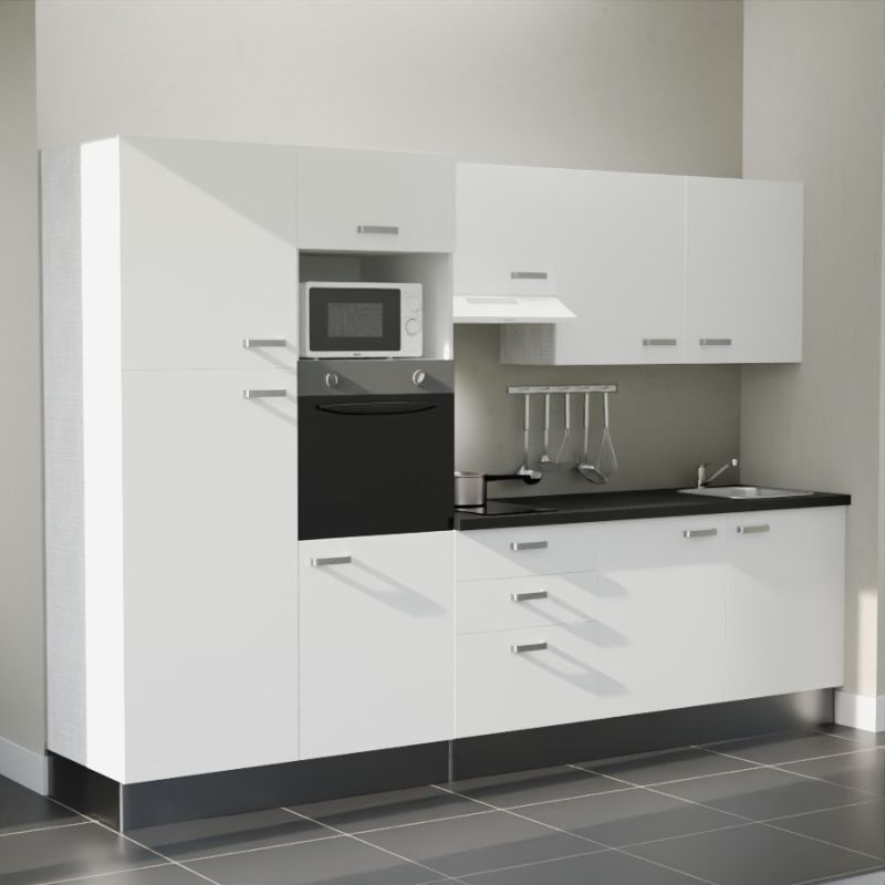 Kitchenette K46L-PT - 300 cm avec plan de travail et évier - Façade Blanc - Plan Noir - Evier Inox - Crédences Non