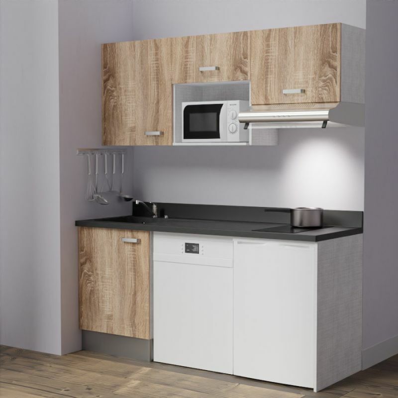 Kitchenette K55L - 180 cm - emplacements hotte, micro-ondes, frigo et lave-vaisselle-Bois-Nero-évier à gauche