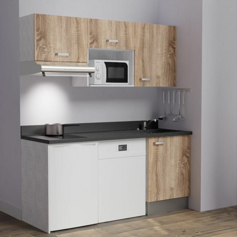 Kitchenette K55L - 180 cm - emplacements hotte, micro-ondes, frigo et lave-vaisselle-Bois-Nero-évier à droite