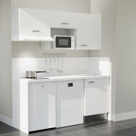 Kitchenette K55L-PT - 180 cm avec plan de travail et évier - Façade Blanc - Plan Blanc - Crédences Oui