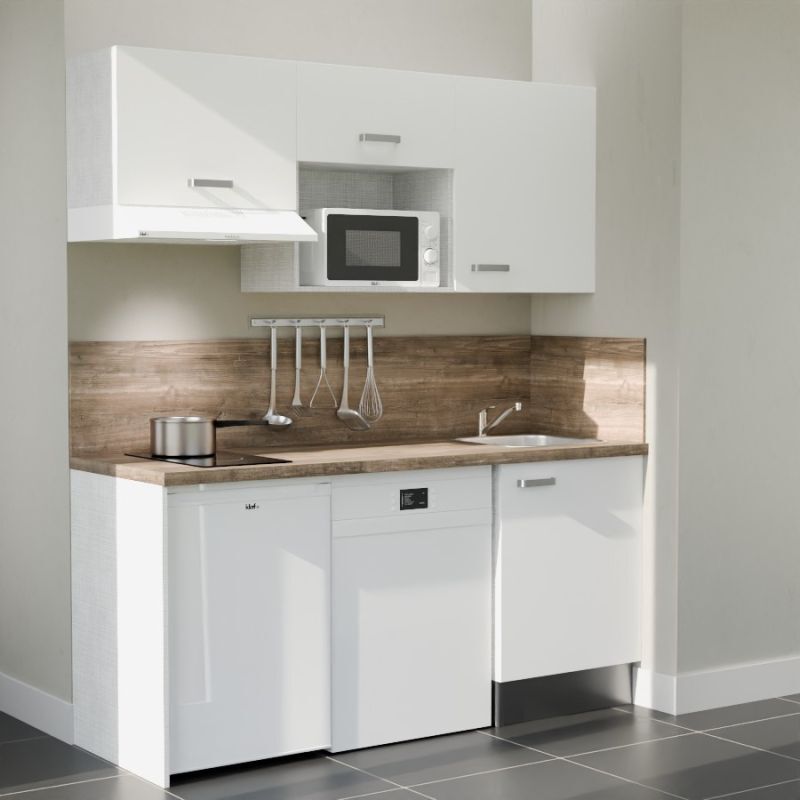 Kitchenette K55L-PT - 180 cm avec plan de travail et évier - Façade Blanc - Plan Bois - Evier Inox - Crédences Oui
