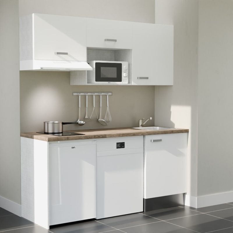 Kitchenette K55L-PT - 180 cm avec plan de travail et évier - Façade Blanc - Plan Bois - Evier Inox - Crédences Non