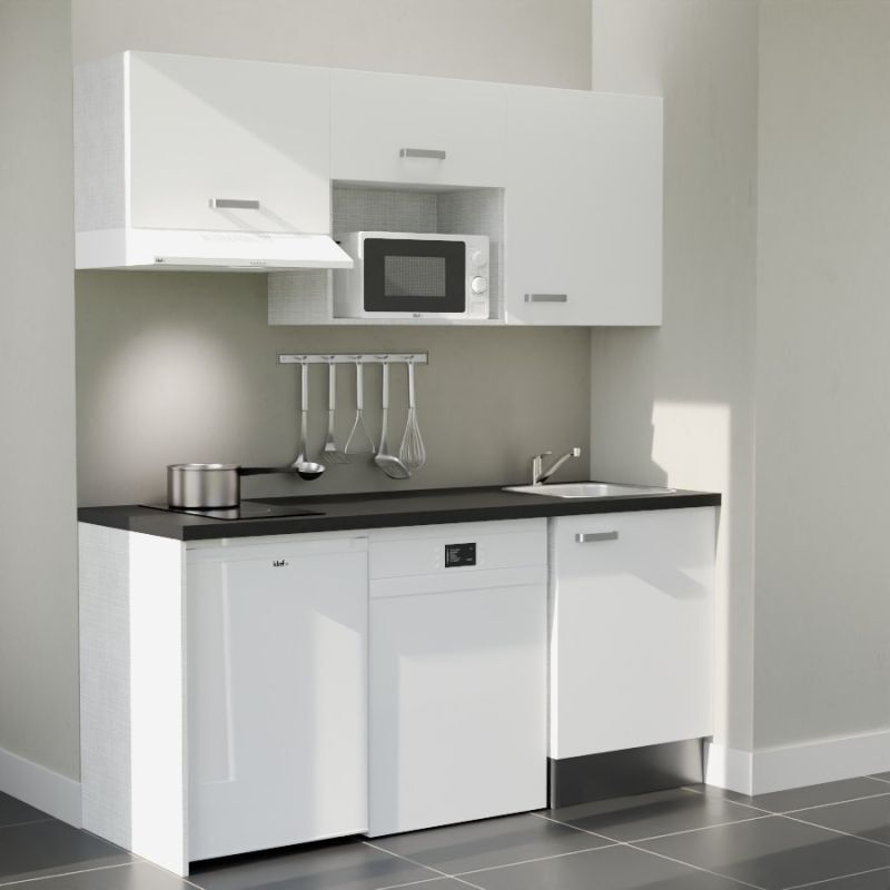 Kitchenette K55L-PT - 180 cm avec plan de travail et évier - Façade Blanc - Plan Noir - Evier Inox - Crédences Non