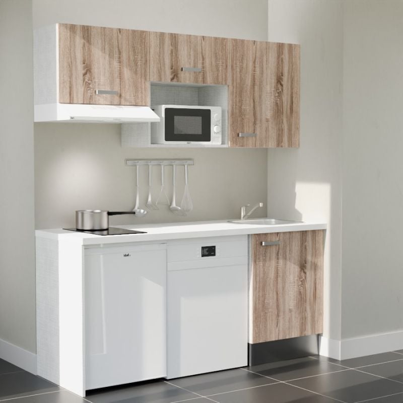 Kitchenette K55L-PT - 180 cm avec plan de travail et évier - Façade Bois - Plan Blanc - Crédences Non