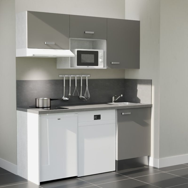 Kitchenette K55L-PT - 180 cm avec plan de travail et évier - Façade Gris - Plan Gris - Evier Inox - Crédences Oui