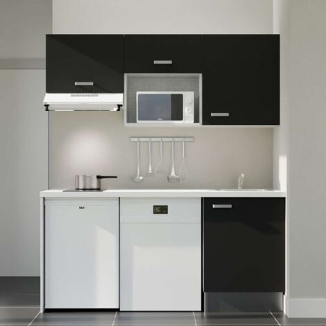 Kitchenette K55L-PT - 180 cm avec plan de travail et évier - Façade Noir - Plan Blanc - Crédences Non