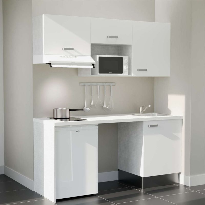 Kitchenette K55L-PT - 180 cm - plan stratifié, évier inox, - Façade Blanc - Plan Blanc - Crédences Non + Electroménager inclus coloris Blanc