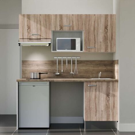 Kitchenette K55L-PT - 180 cm - plan stratifié, évier inox, - Façade Bois - Plan Bois - Evier Inox - Crédences Oui + Electroménager inclus coloris Inox