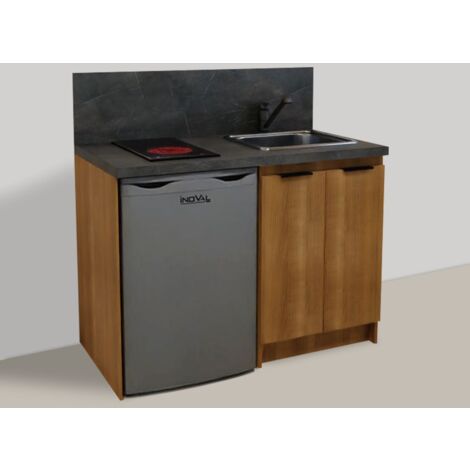 KITCHENETTE MERISIER 120cm + PLAQUE DE CUISSON + REFRIGERATEUR + EVIER + MITIGEUR