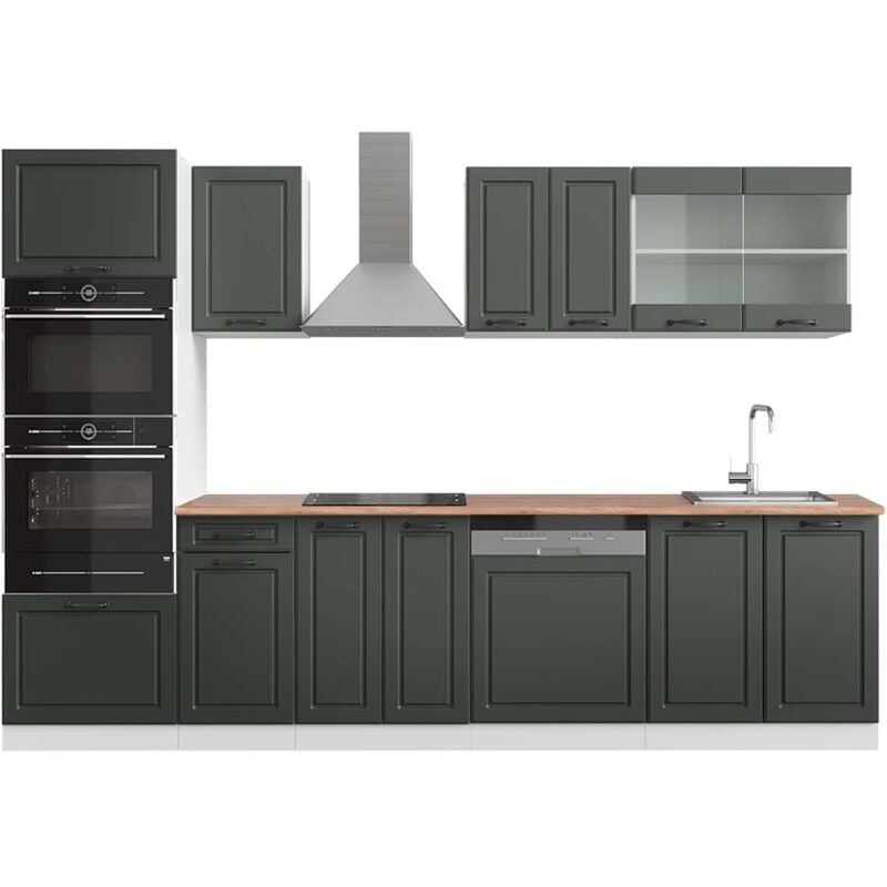 Vicco - Cuisine R-Line, Anthracite maison de campagne/blanc, 300 cm avec armoire haute, pt Chêne