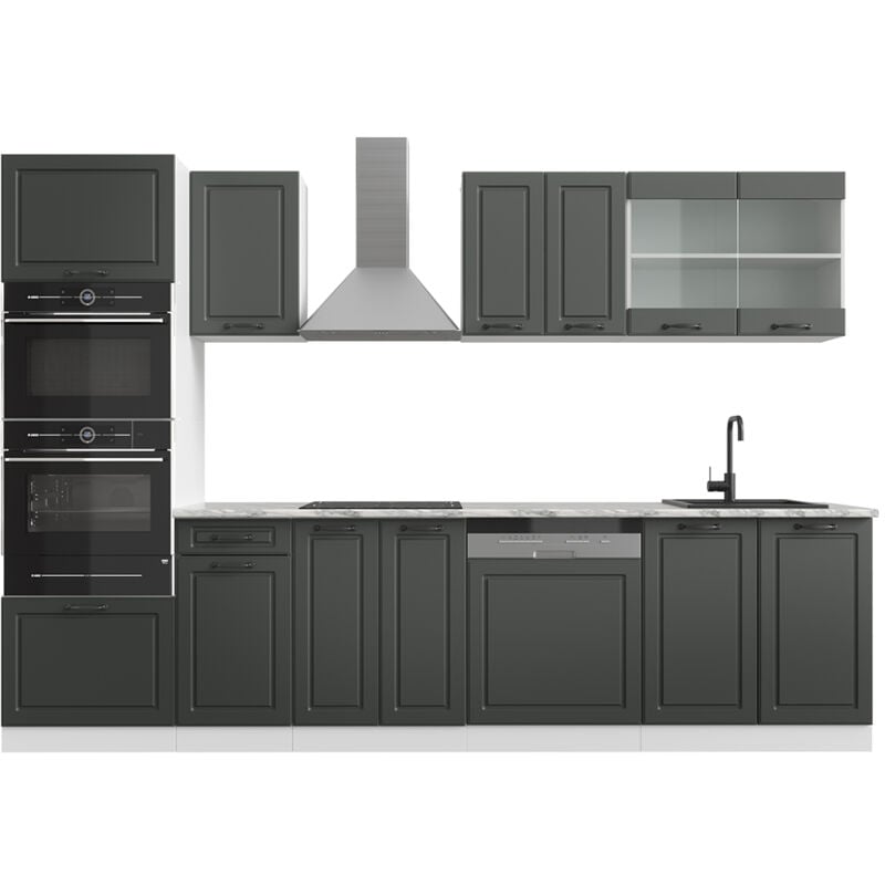 Vicco - Cuisine R-Line, Anthracite maison de campagne/blanc, 300 cm avec armoire haute, sans plan de travail