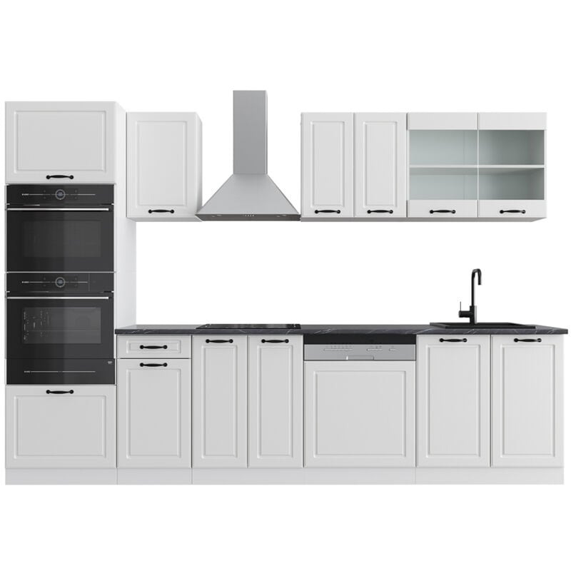 Vicco - Cuisine R-Line, Blanc campagne/blanc, 300 cm avec armoire haute, pt Anthracite