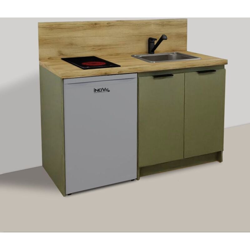 Inoval - kitchenette terra vert argile 140cm + plaque de cuisson + refrigerateur + evier + mitigeur