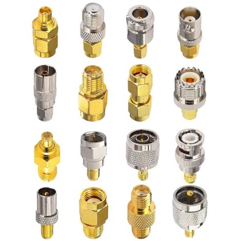 Kits adaptateurs pour connecteurs SMA (16 connecteurs SMA vers MCX/TV/F/BNC/UHF/RP-SMAA) illustrés