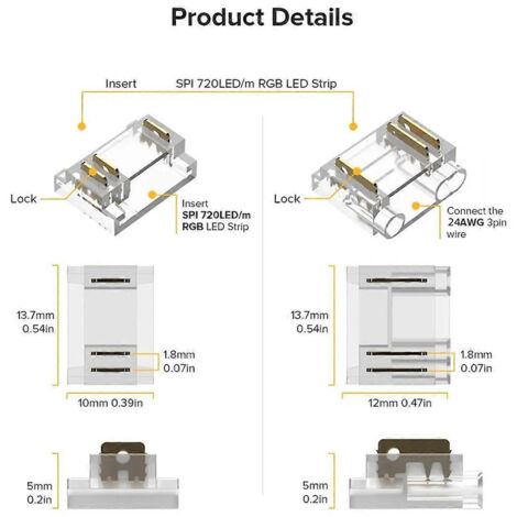 Kits de 24 connecteurs à 3 broches de 12 mm avec couvercle transparent pour connecteurs COB