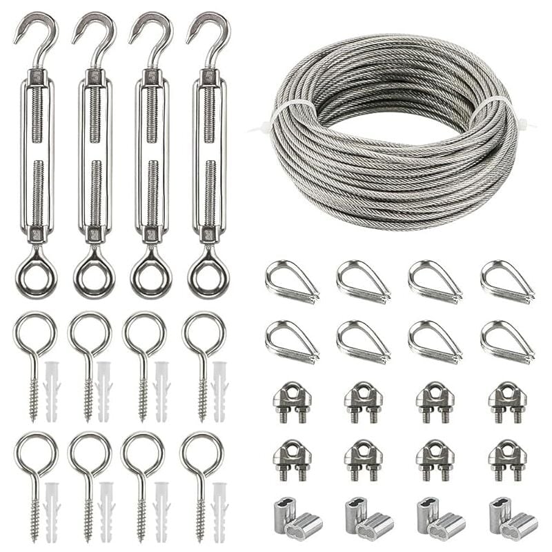 Kits de Câble en Acier Inox, 20m Câble Acier Galvanisé, Kit de Câble Métallique avce Tendeur Oeil-crochet M5, Attaches pour Câbles Métalliques,