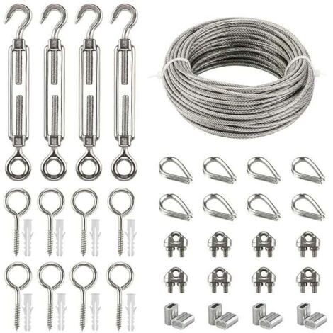 Kits de Câble en Acier Inox, 20m Câble Acier Galvanisé, Kit de Câble Métallique avce Tendeur Oeil-crochet M5, Attaches pour Câbles Métalliques, Manchons de Sertissage, Pitons Fermé, Cosse Coeur