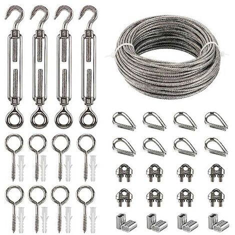Kits de Câble en Acier Inox, 20m Galvanisé, Kit Métallique avce Tendeur Oeil-crochet M5, Attaches pour Câbles Métalliques, Manchons Sertissage, Pitons Fermé, Cosse Coeur D 3mm [20M C芒ble m茅tallique