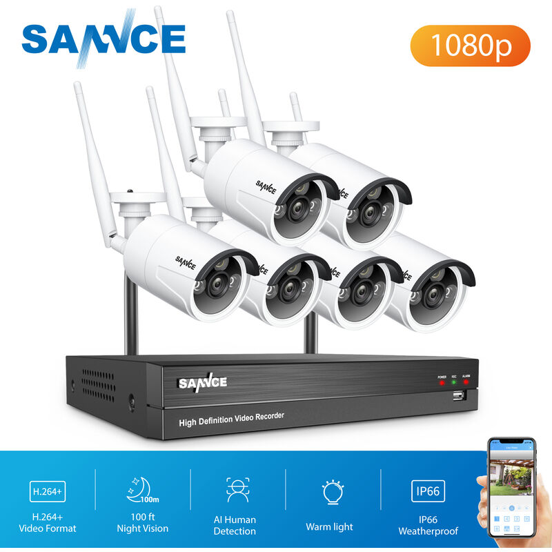 

Kits de videovigilancia Sistema de cámara de seguridad IP WiFi de 8 canales con 6 piezas 1080p Cámaras de vigilancia CCTV inalámbricas para