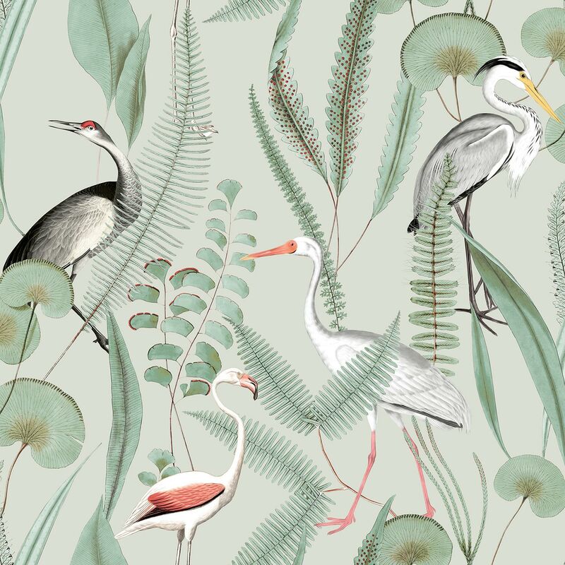 Kivu Wallpaper Muriva Birds Tropical Floral Mint Green Natural