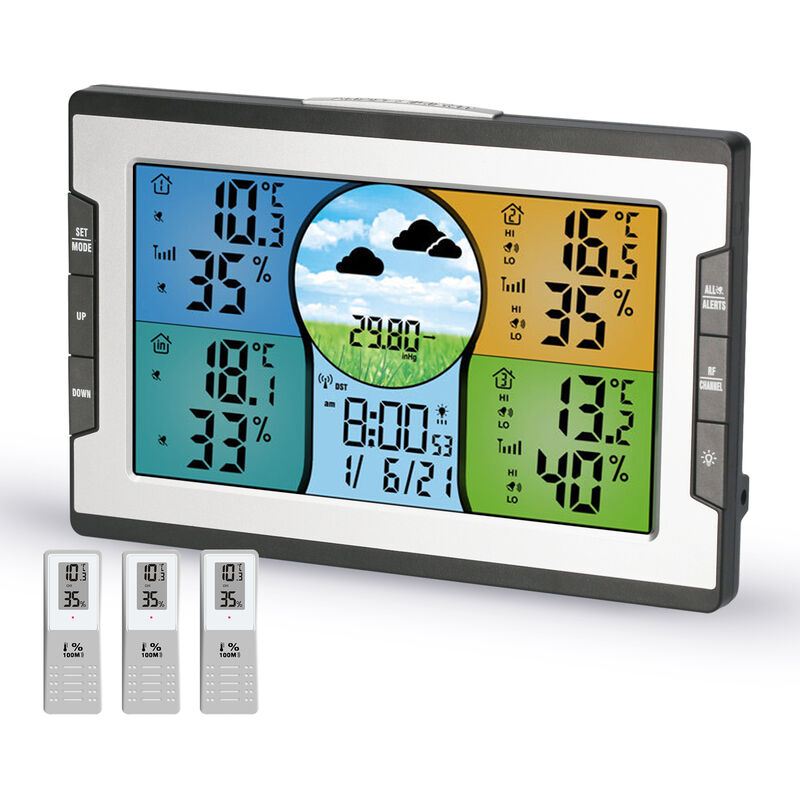 

Reloj digital multifuncional RF 4 canales Indicador de temperatura y humedad para interiores y exteriores con alarma de advertencia Estacion