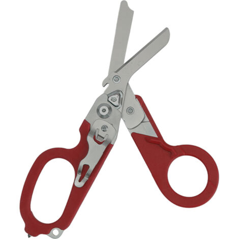 Klappbare Notfallschere mit Ringschneider, Glasbrecher und Verriegelungsmechanismus – Rot, für drinnen und draußen