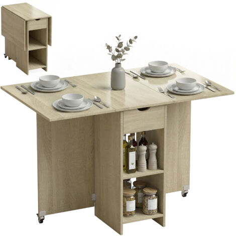 Klappbarer Esstisch für 2-4 Personen, Rollbarer Tisch mit offenem Fach und Schublade, ideal für kleine Räume, Natur