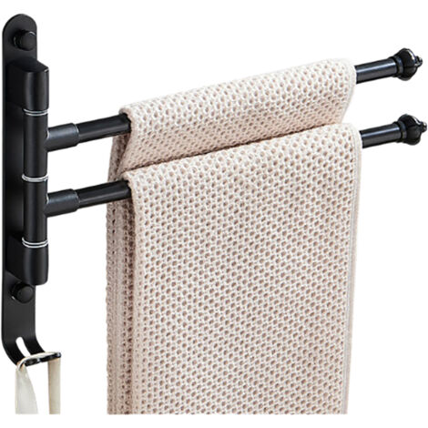 Klappbarer Handtuchhalter mit 2 schwenkbaren Stangen und Haken, aus Aluminium, zur Wandmontage, für Bad und Küche.