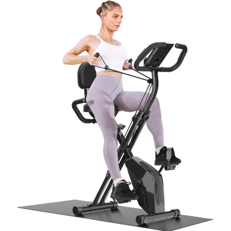 WOWTTRELAX Klappbarer Heimtrainer, Magnet-Heimtrainer, 8 einstellbare Widerstandsstufen, mit Widerstandskabeln, LCD-Display und Herzfrequenzsensor, Klappbarer Heimtrainer